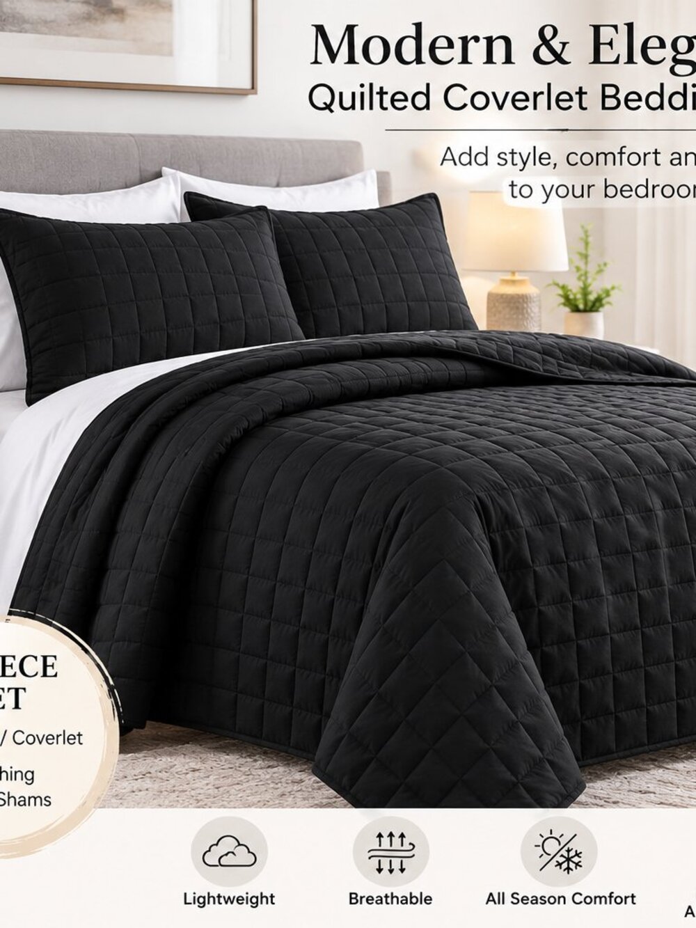 Brickyard Black Queen Microfiber Quilt and Sham Set